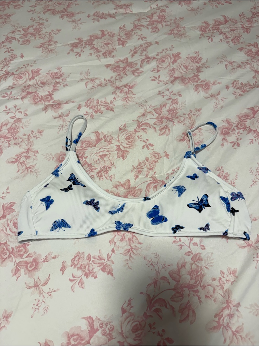 Target White Bikini Top with Blue Butterfly Print